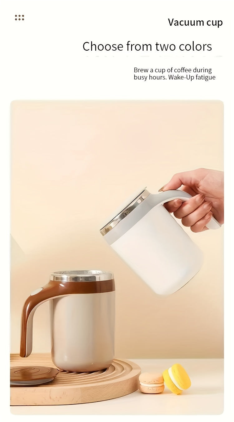 ☕ Portable Self-Stirring Coffee Mug – Stainless Steel with Wooden Handle