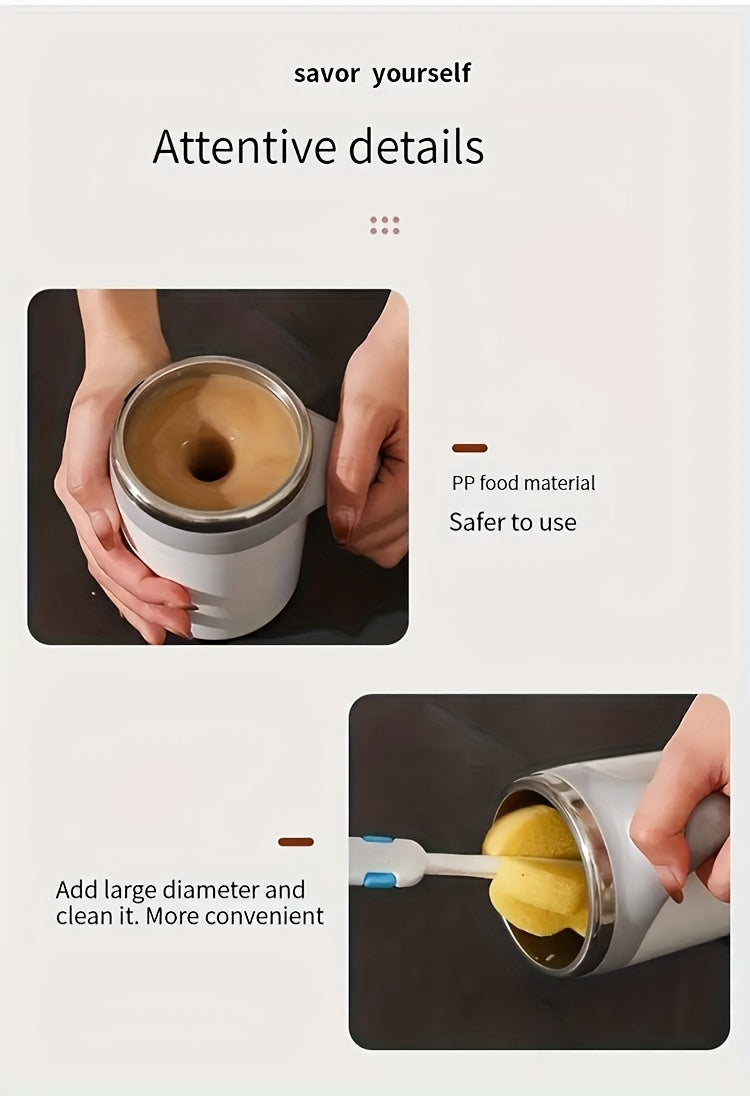 ☕ Portable Self-Stirring Coffee Mug – Stainless Steel with Wooden Handle