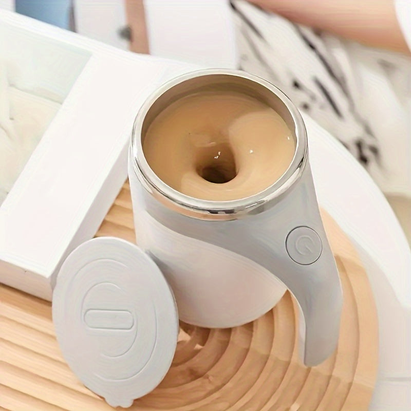 ☕ Portable Self-Stirring Coffee Mug – Stainless Steel with Wooden Handle