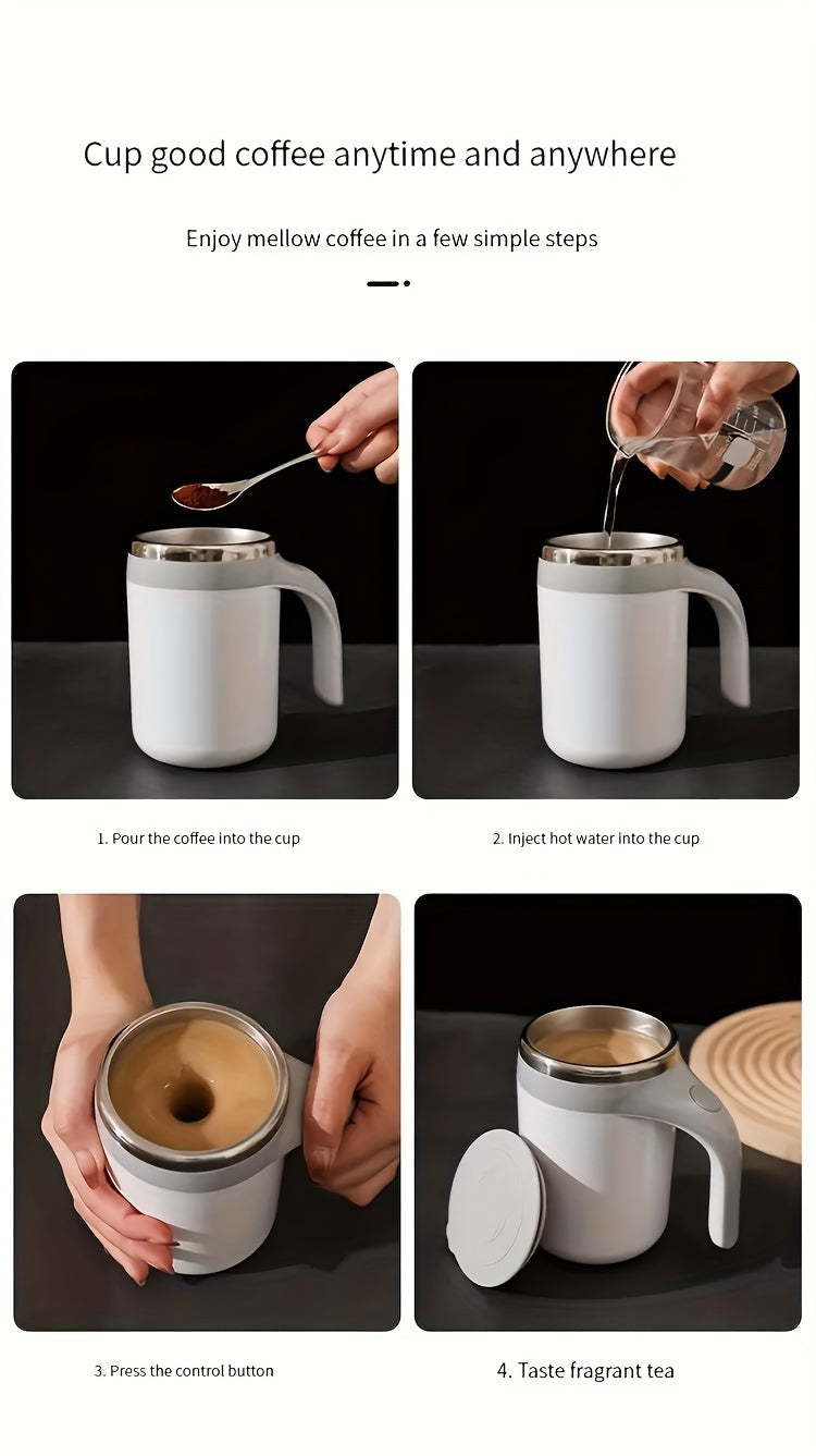 ☕ Portable Self-Stirring Coffee Mug – Stainless Steel with Wooden Handle